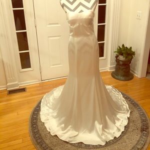 Angela & Alison White Satin Strapless Evening Gown
